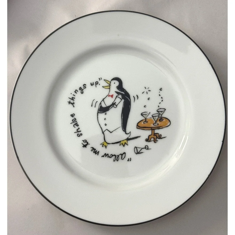 Vintage Pottery Barn Tipsy Penguins Plates Set of 7 Cocktail Dessert Japan